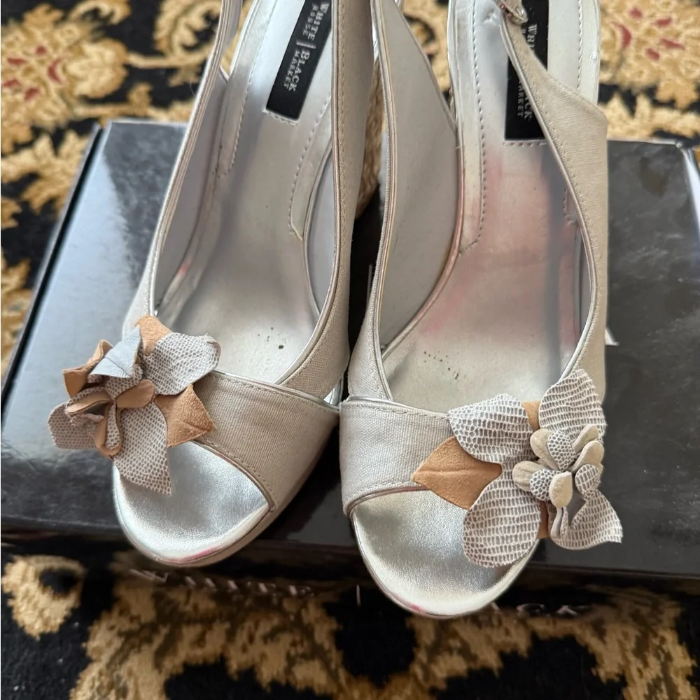 White House Black Market Silver and Tan Wedges